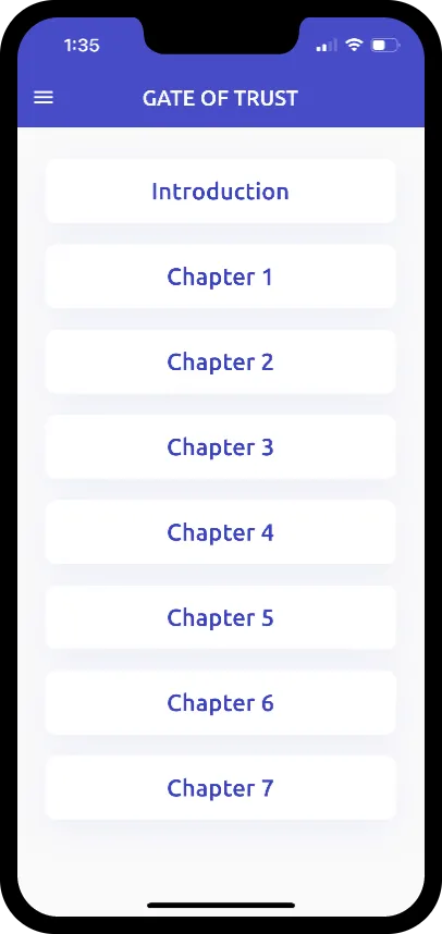Gate of Trust chapter list in the Chayenu app, from the Introduction through Chapter 7