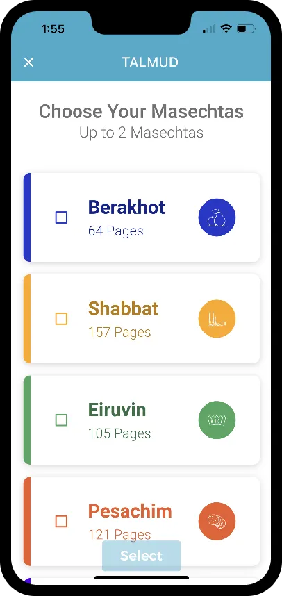 Choosing which masechtos to study in the Chayenu app's Talmud section