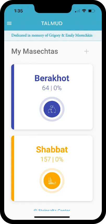Talmud study progress tracked per masechta in the Chayenu app
