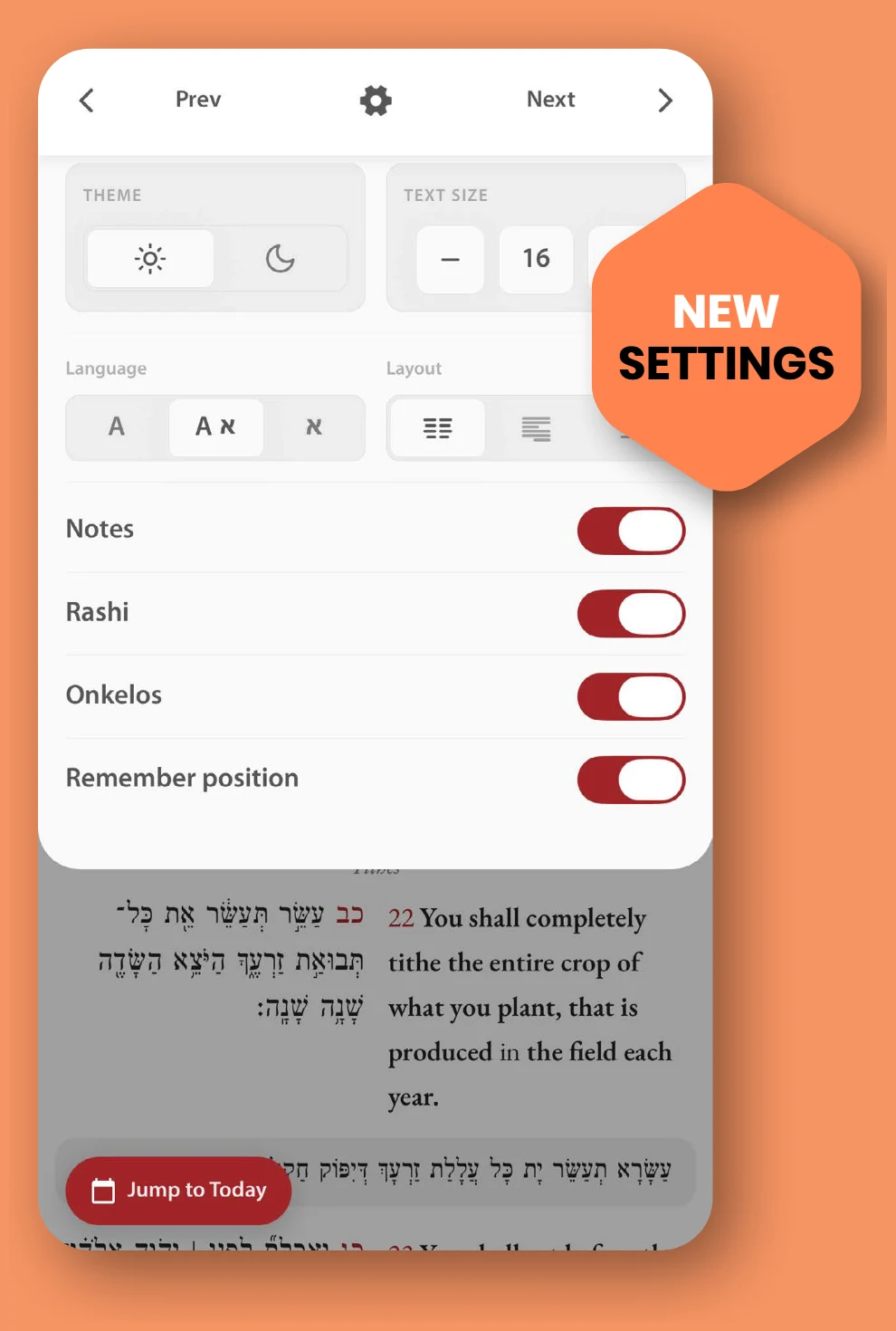 The Chayenu app’s new settings panel: theme, text size, language, layout, and toggles for Notes, Rashi, Onkelos and Remember position.