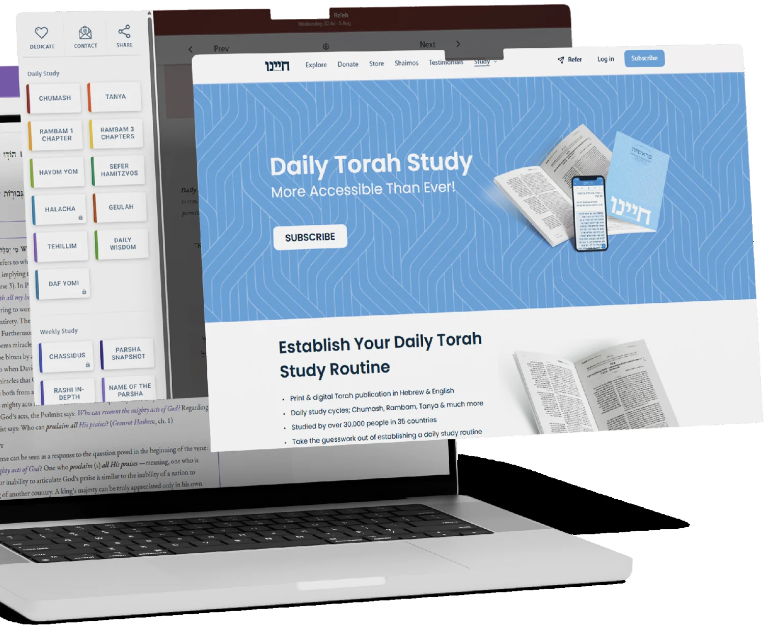 The new chayenu.org shown on a laptop: Daily Torah Study, more accessible than ever.
